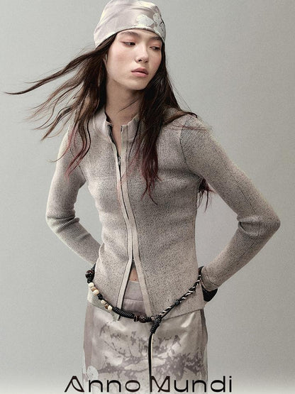 AnnoMundi Zipper Knit Cardigan With Spliced Panels And Distressed Cuffs