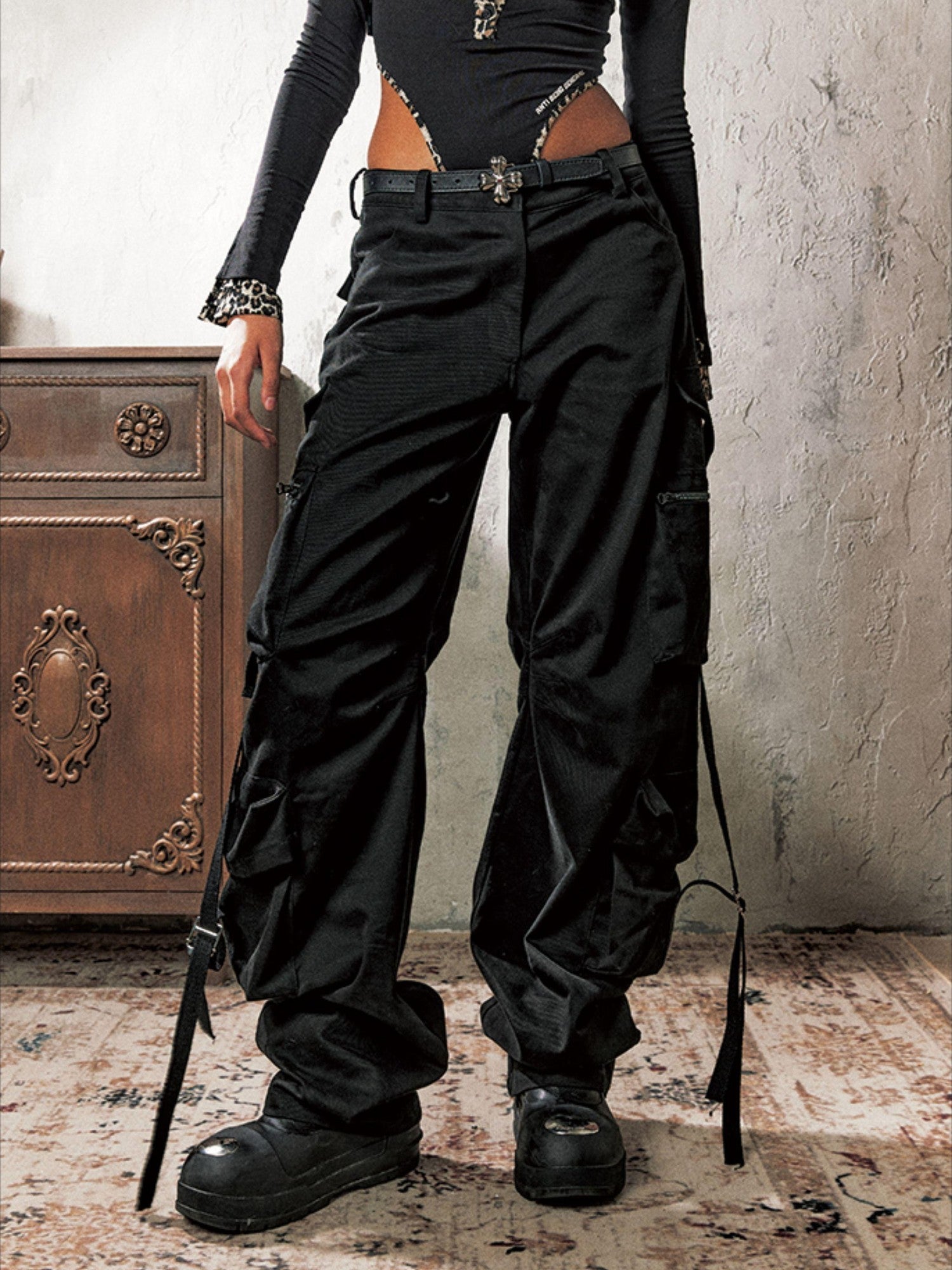 Anti Being General Black Multi Pocket Distressed Cargo Women&