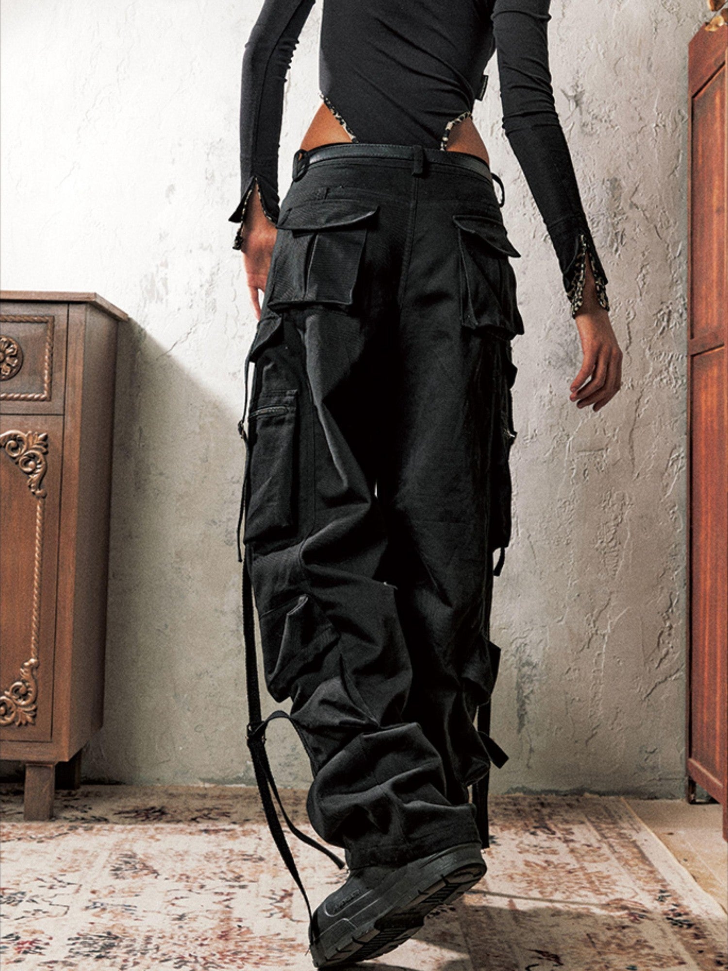 Anti Being General Black Multi Pocket Distressed Cargo Women&