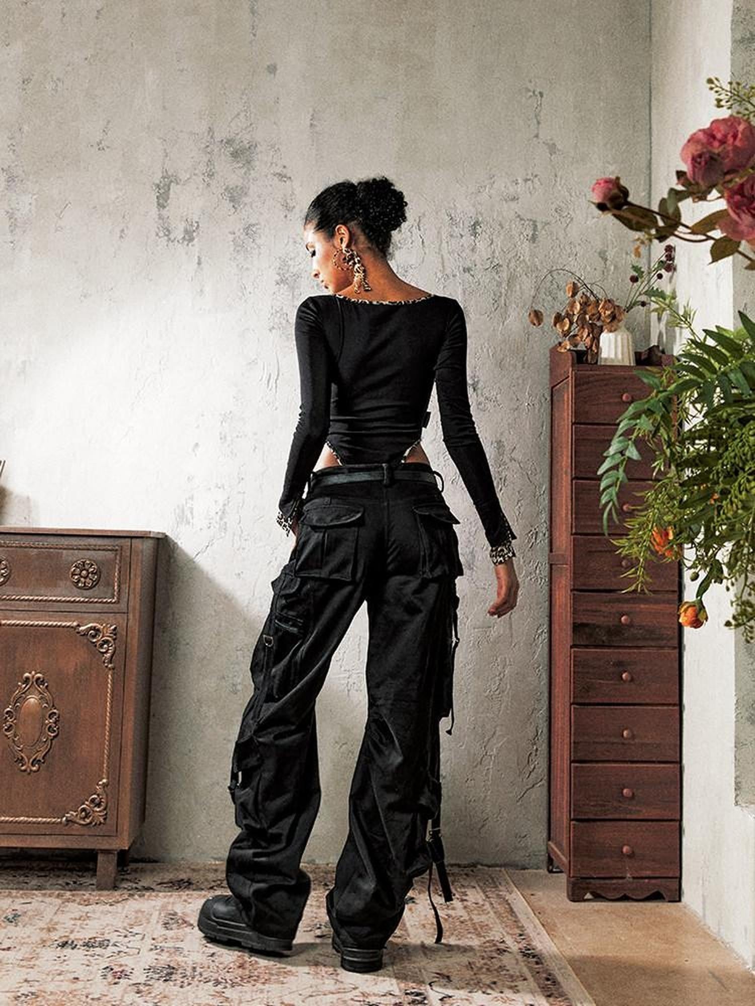 Anti Being General Black Multi Pocket Distressed Cargo Women&