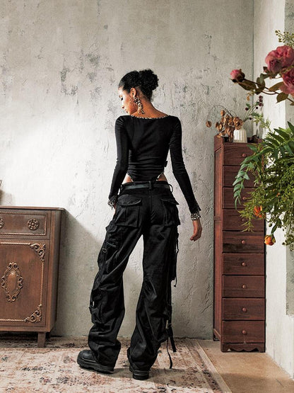 Anti Being General Black Multi Pocket Distressed Cargo Women&