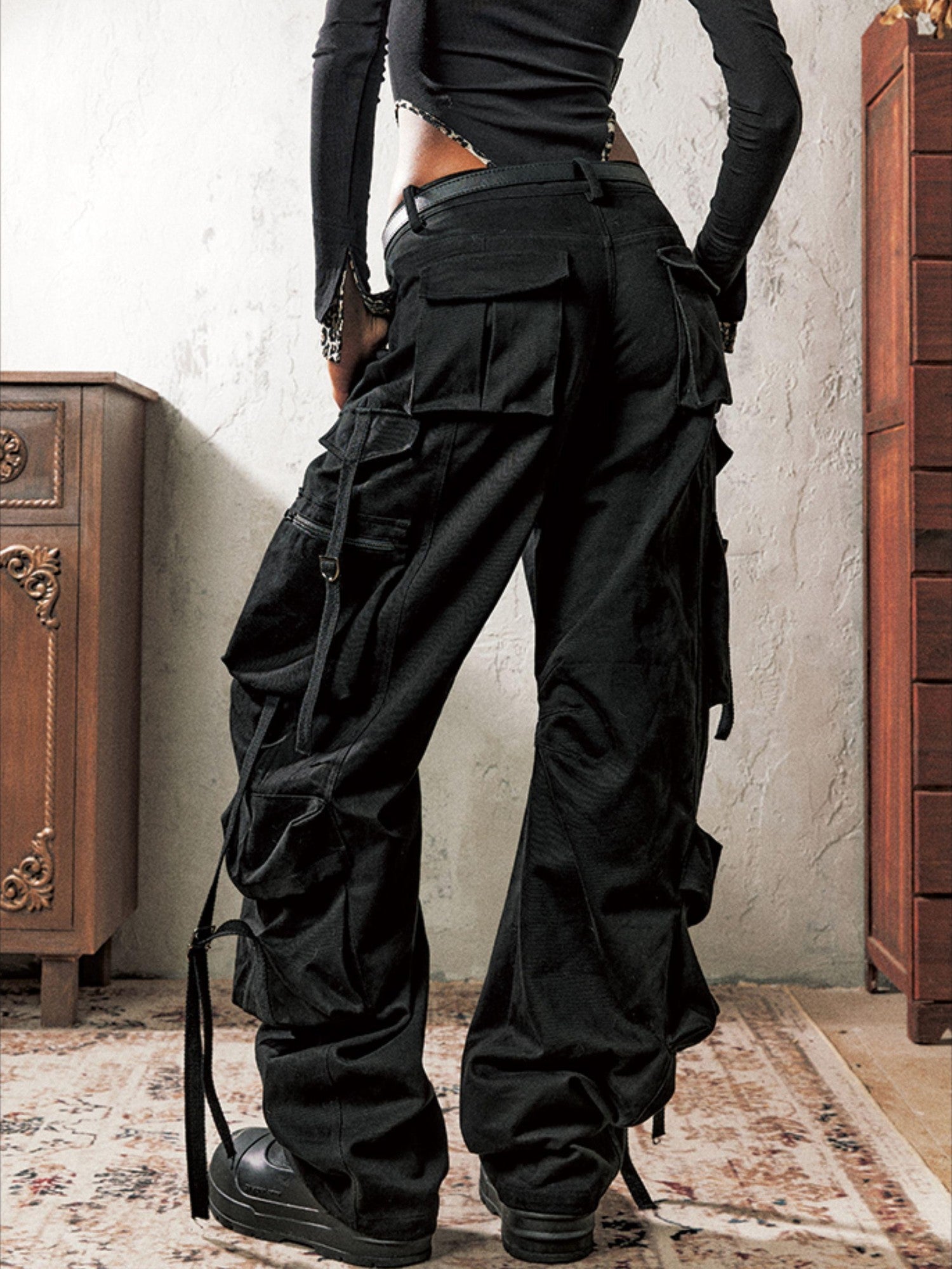 Anti Being General Black Multi Pocket Distressed Cargo Women&