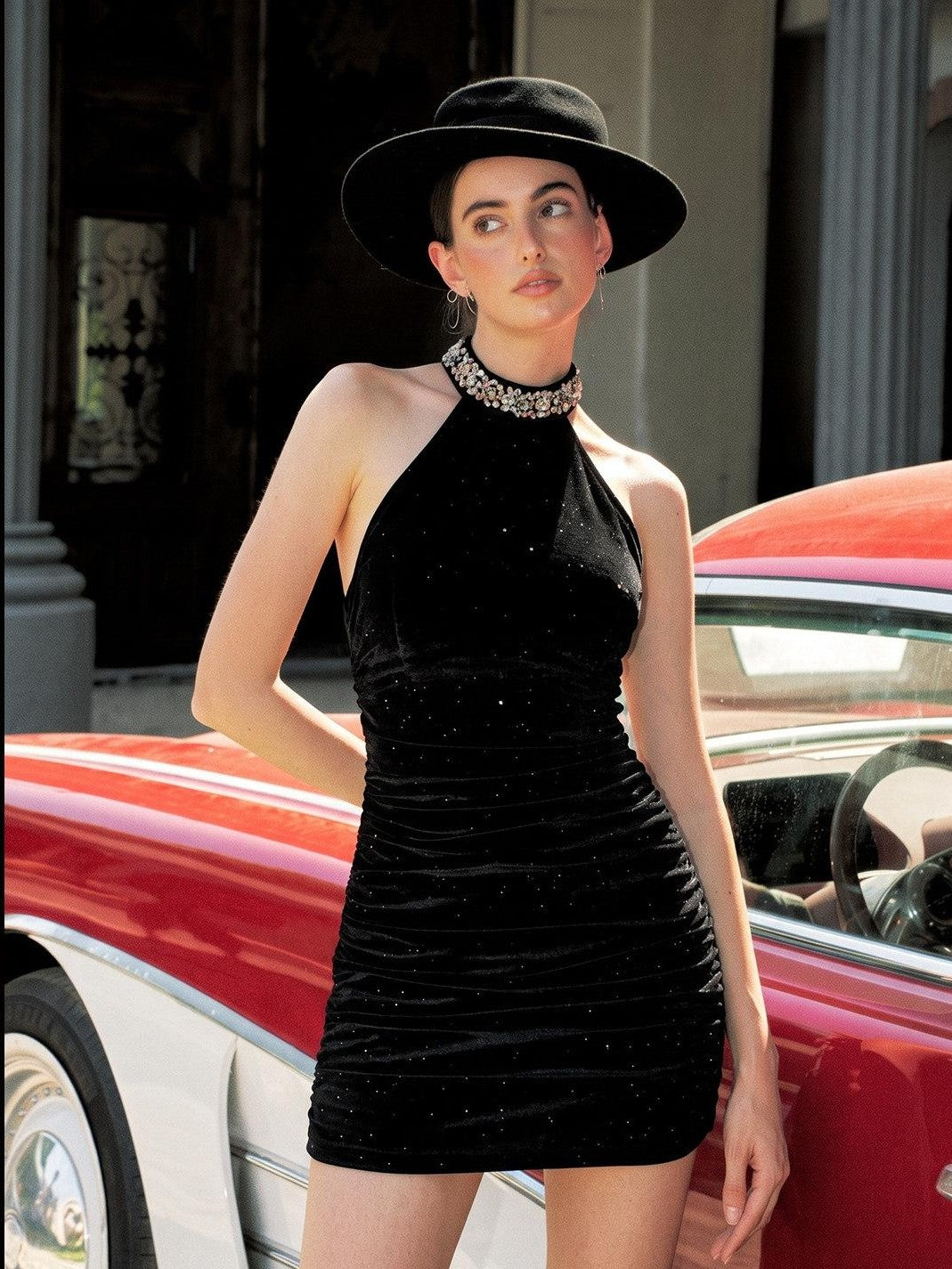 Anti Being General Black Rhinestone Halter Ruched Tie Hip Women&