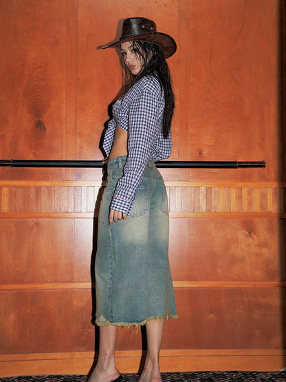 Blue Checkered Tied Front Crop Shirt