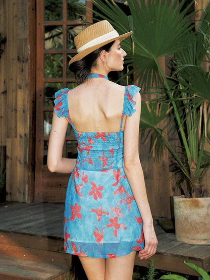 Anti Being General Blue Printed Cinched Waist A Line Flutter Sleeve Women&