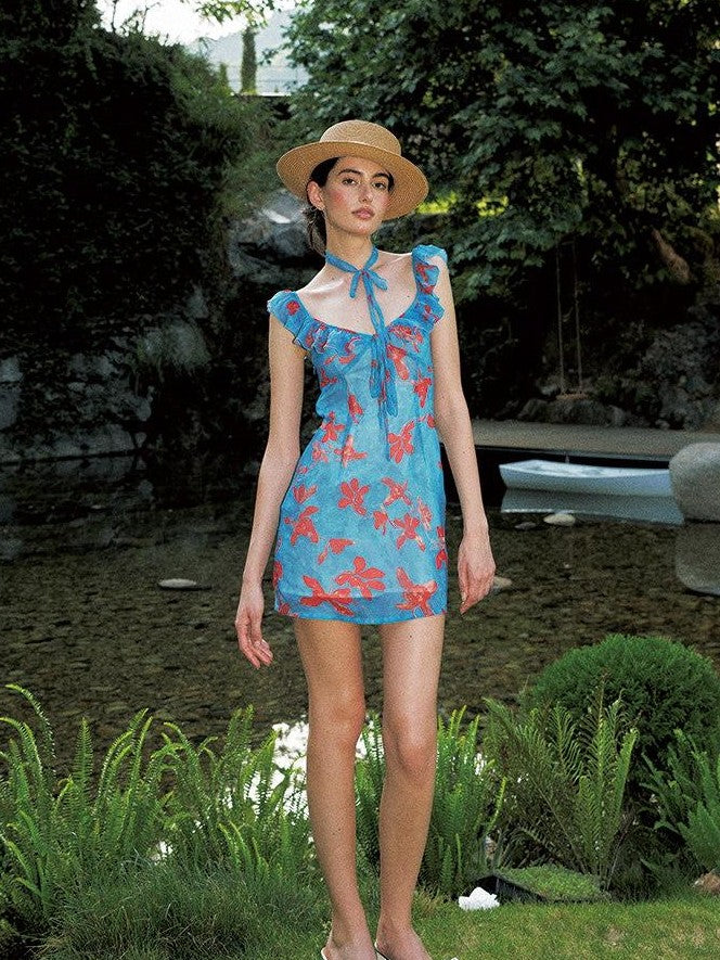 Anti Being General Blue Printed Cinched Waist A Line Flutter Sleeve Women&