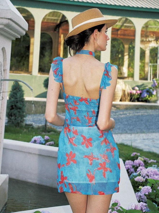 Anti Being General Blue Printed Cinched Waist A Line Flutter Sleeve Women&
