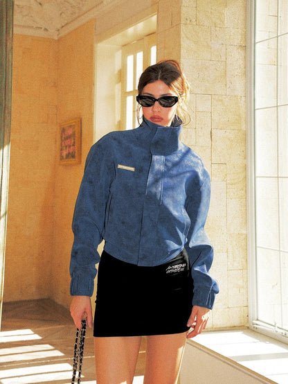 Anti Being General Blue Retro Hot Girl Stand Collar Short Suede Zip Women&
