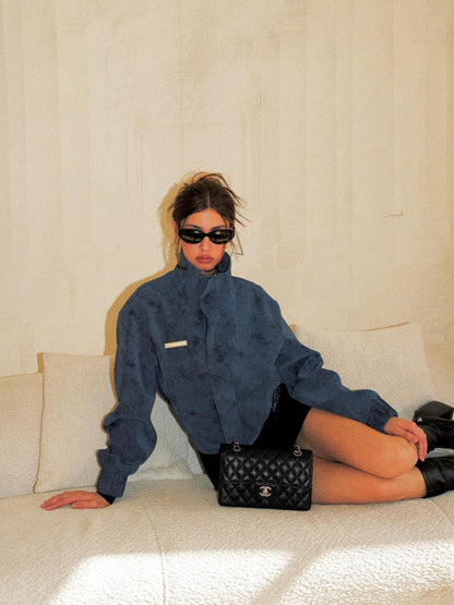 Anti Being General Blue Retro Hot Girl Stand Collar Short Suede Zip Women&