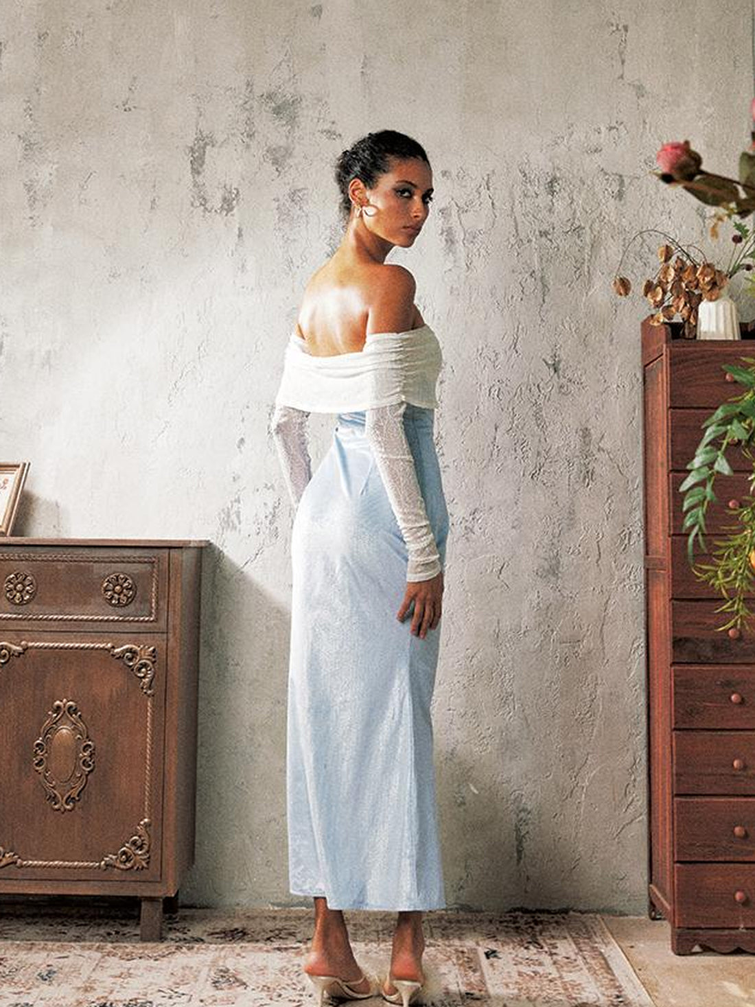 Update Anti Being General Blue Satin Lace Camisole Slip Dress V Neck T Shirt Long Sleeve