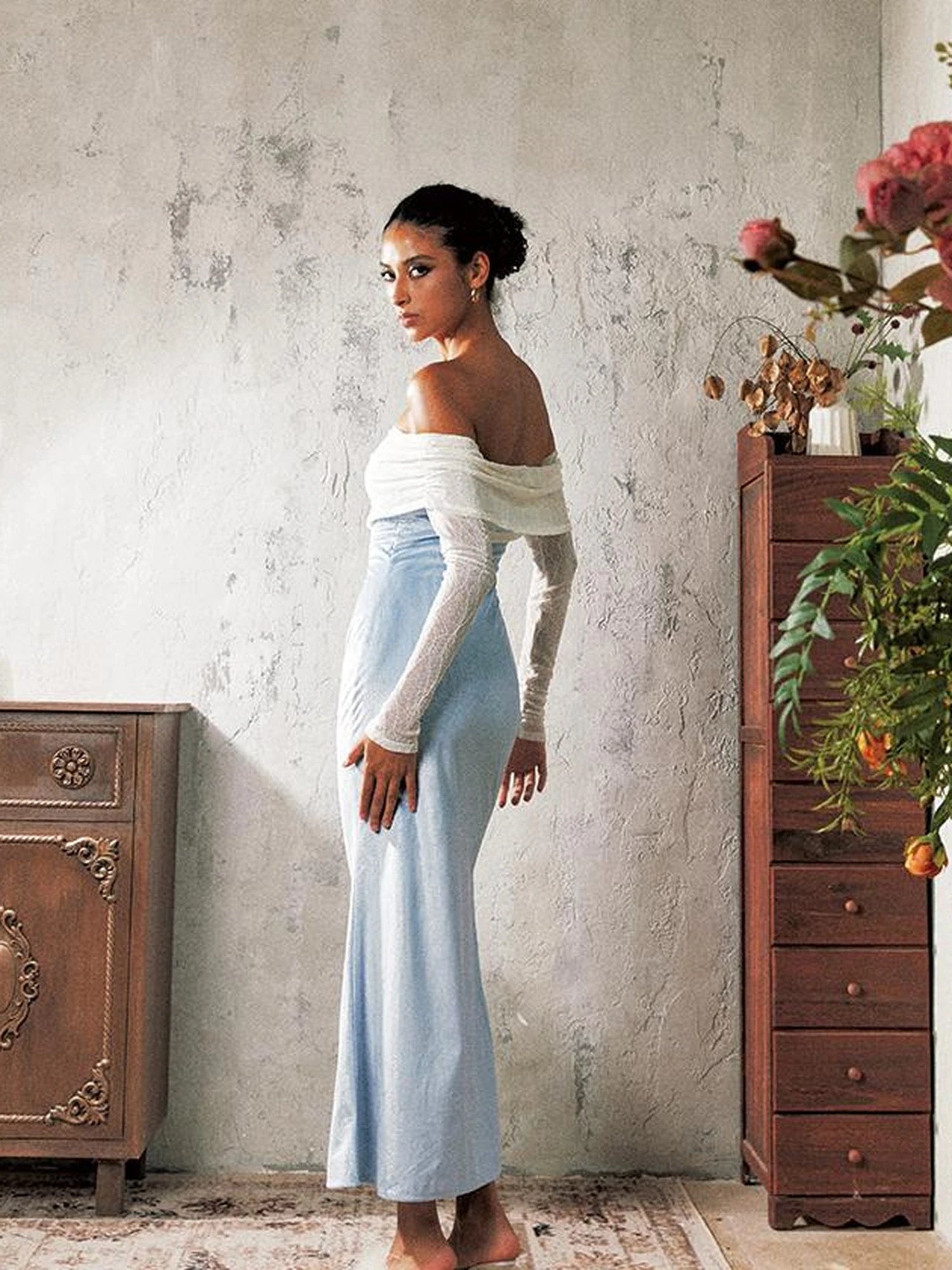 Blue Satin Lace Camisole Slip Dress V Neck T Shirt Long Sleeve