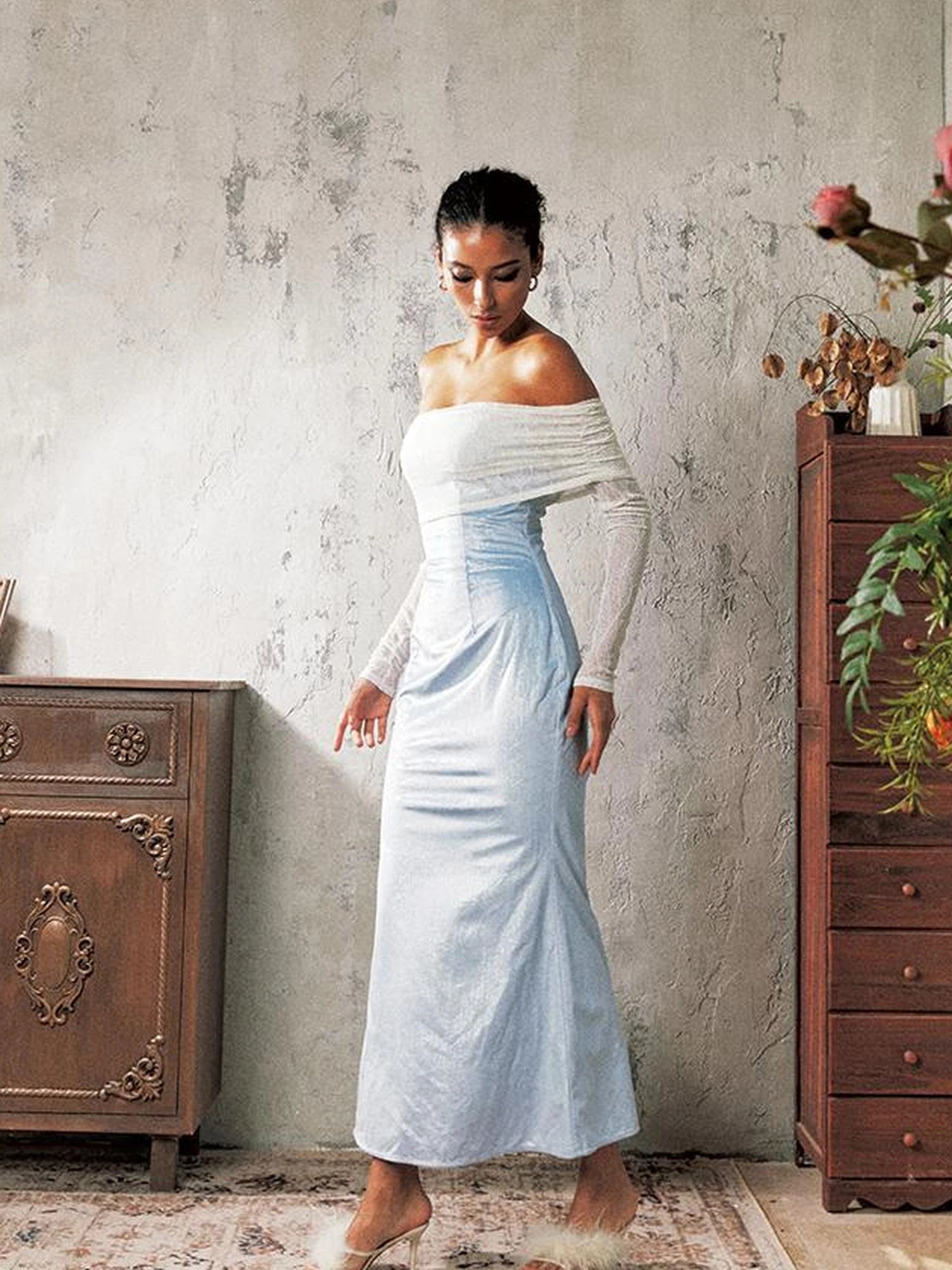 Blue Satin Lace Camisole Slip Dress V Neck T Shirt Long Sleeve