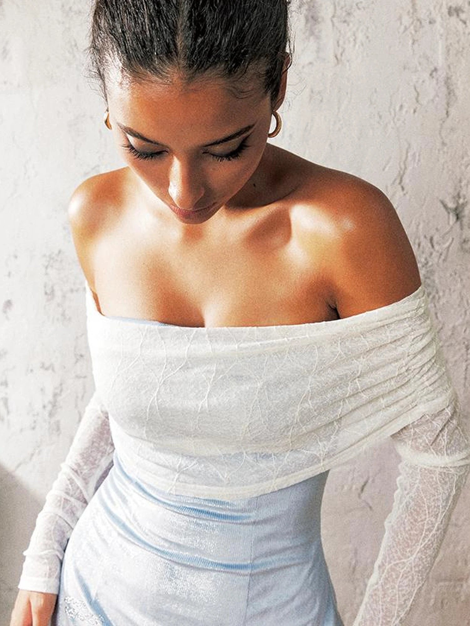 Blue Satin Lace Camisole Slip Dress V Neck T Shirt Long Sleeve