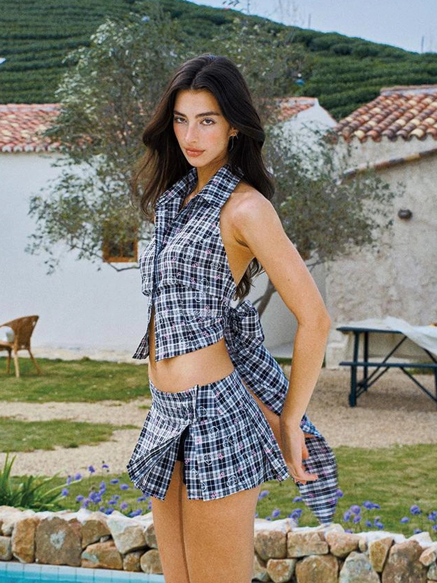 Checkered Cut Out Back Tie Neck Tank Top