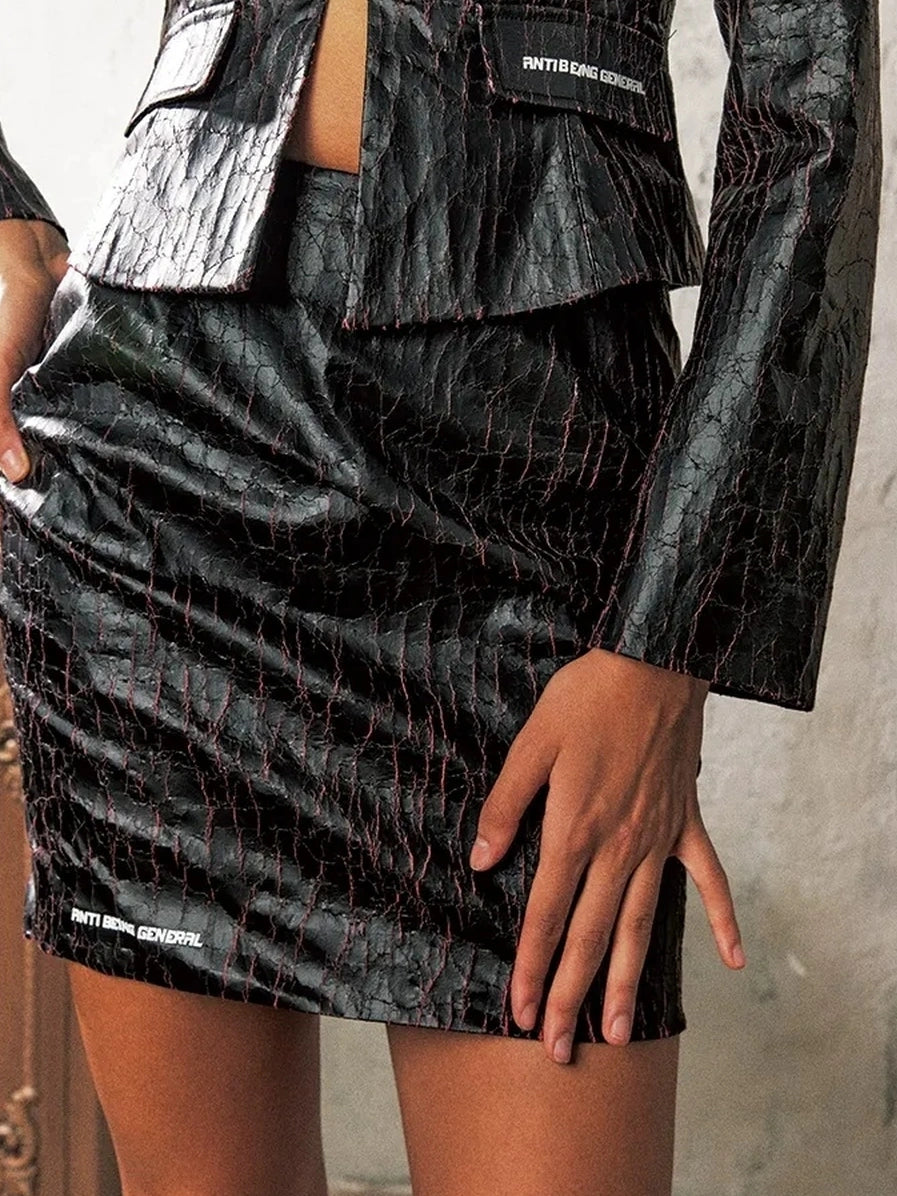 Anti Being General Crocodile Embossed Pu Blazer Mini Skirt Set V-neck T-shirt Long Sleeve Suits