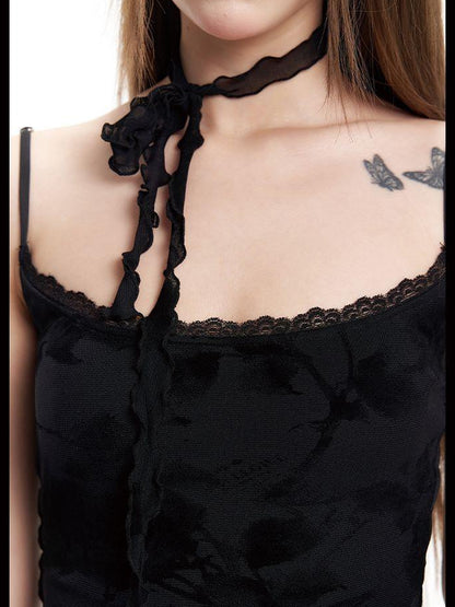 Update Anti Being General Dark Rose Black Spaghetti Strap Crop Top