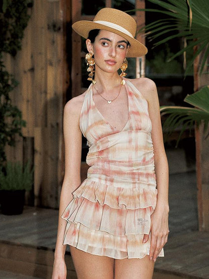 Deep V Back Halter Cake Dress