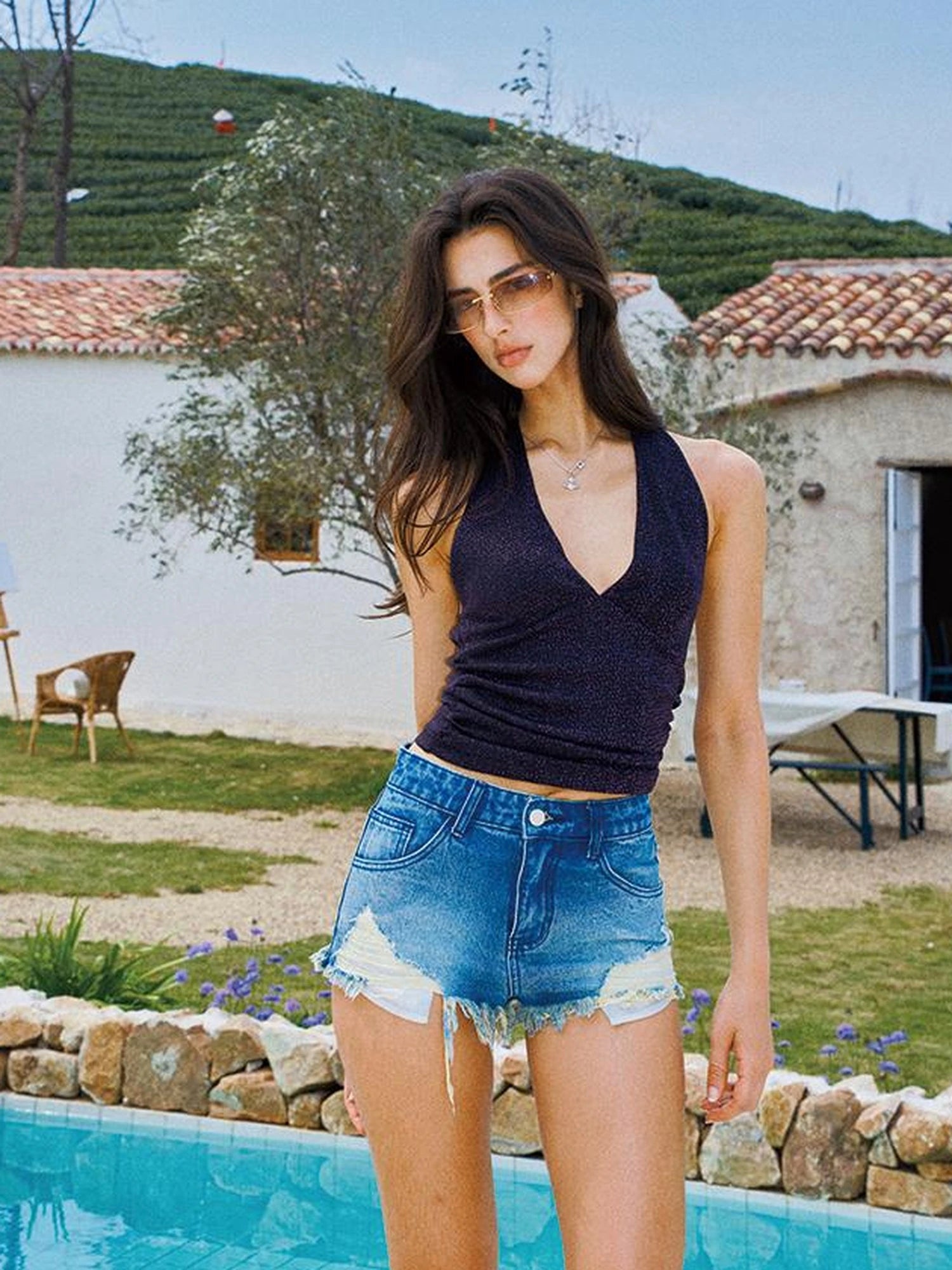 Deep V Back Halter Top In Plum