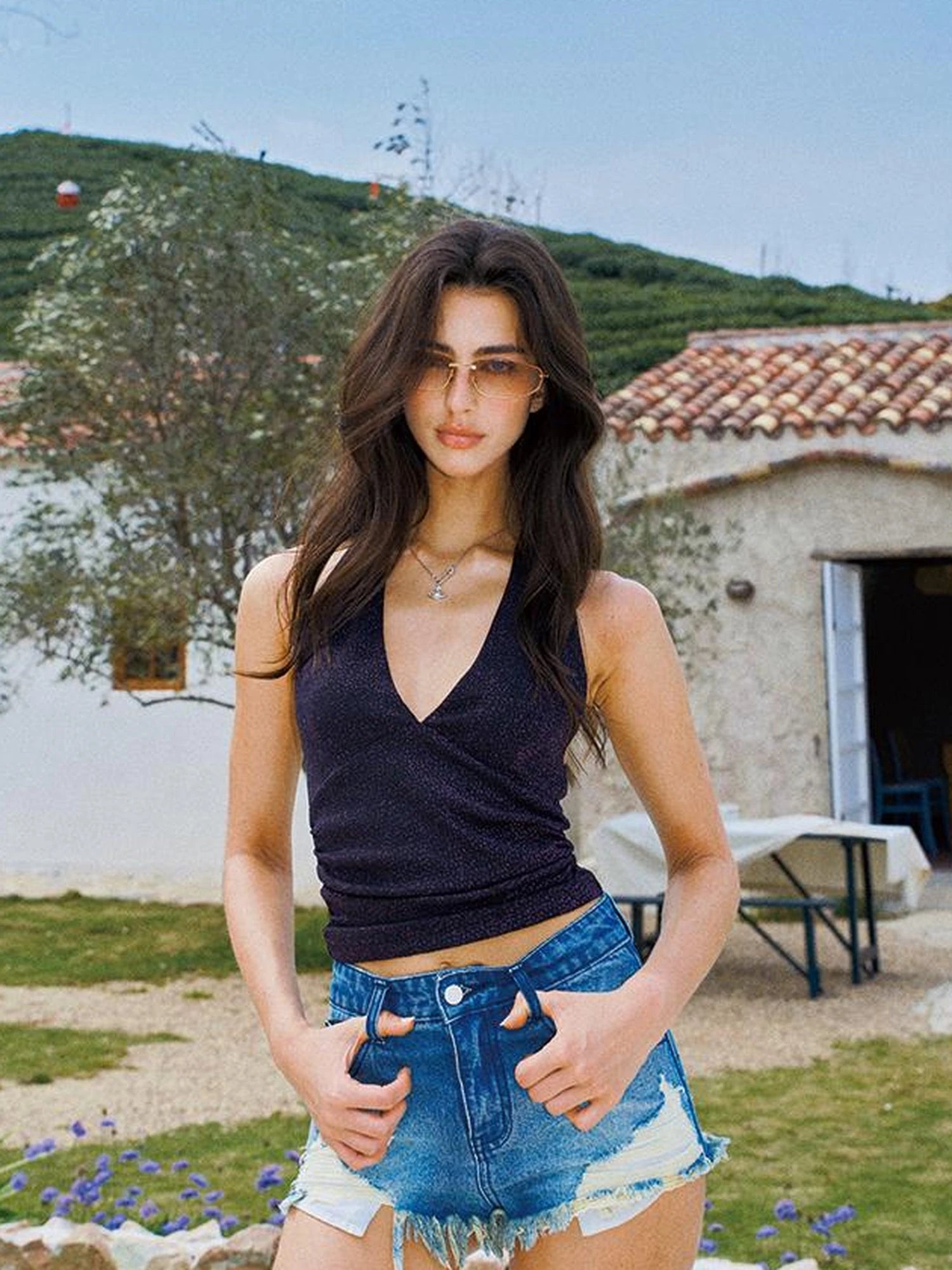 Deep V Back Halter Top In Plum