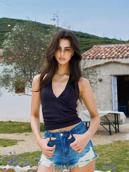 Deep V Back Halter Top In Plum