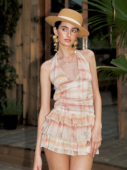 Deep V Backless Halter Tiered Mini Dress Dresses