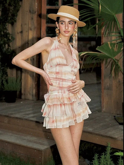 Deep V Backless Halter Tiered Mini Dress Dresses