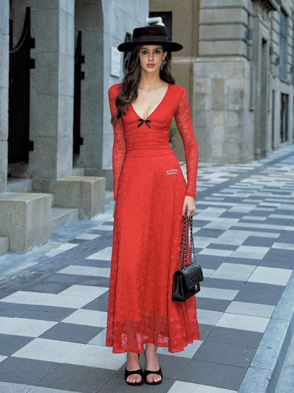 Anti Being General Deep V Lace Trim Red Christmas Evening Gown Dresses