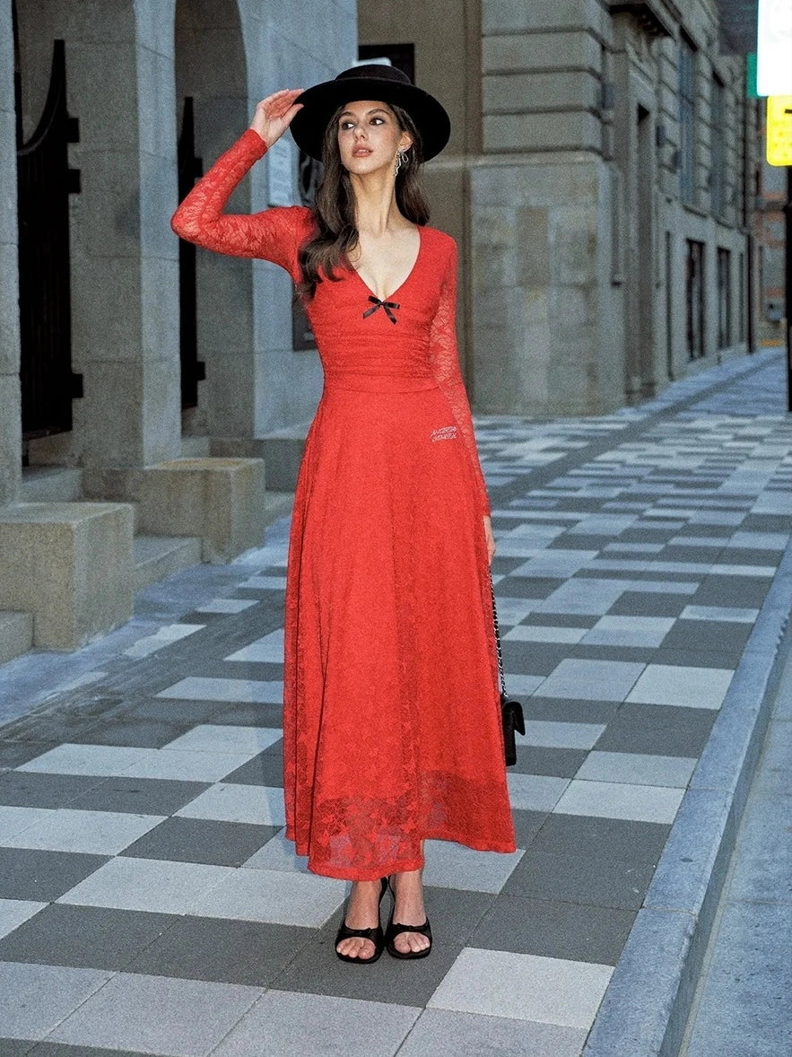 Anti Being General Deep V Lace Trim Red Christmas Evening Gown Dresses