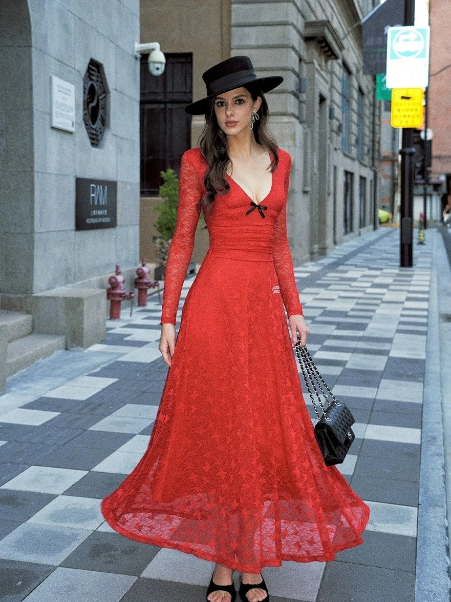Anti Being General Deep V Lace Trim Red Christmas Evening Gown Dresses