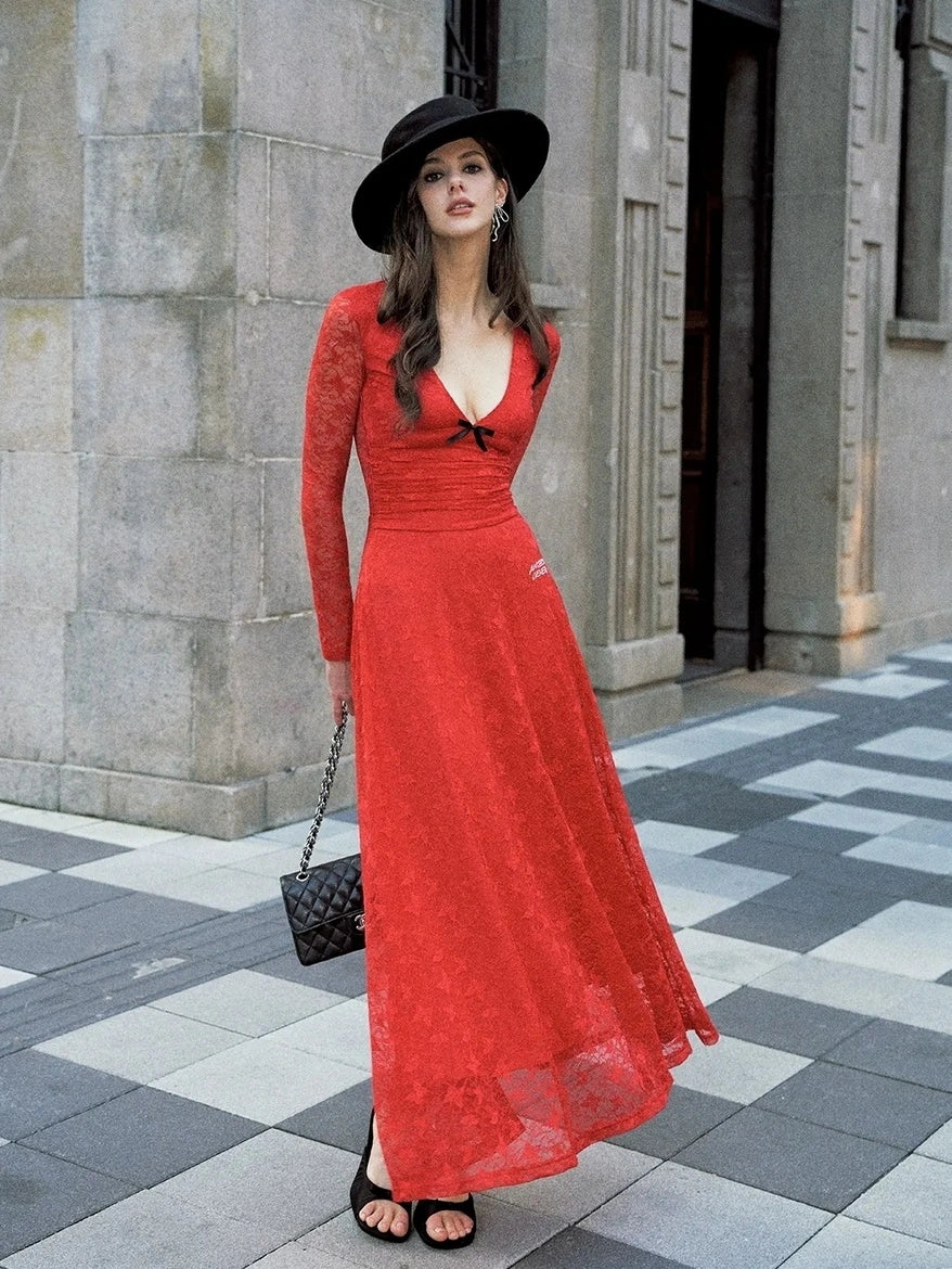 Anti Being General Deep V Lace Trim Red Christmas Evening Gown Dresses