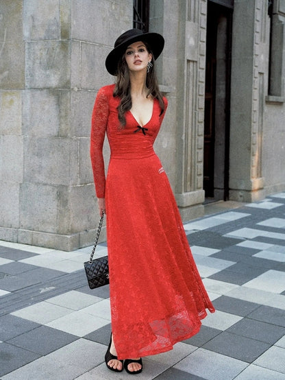Anti Being General Deep V Lace Trim Red Christmas Evening Gown Dresses
