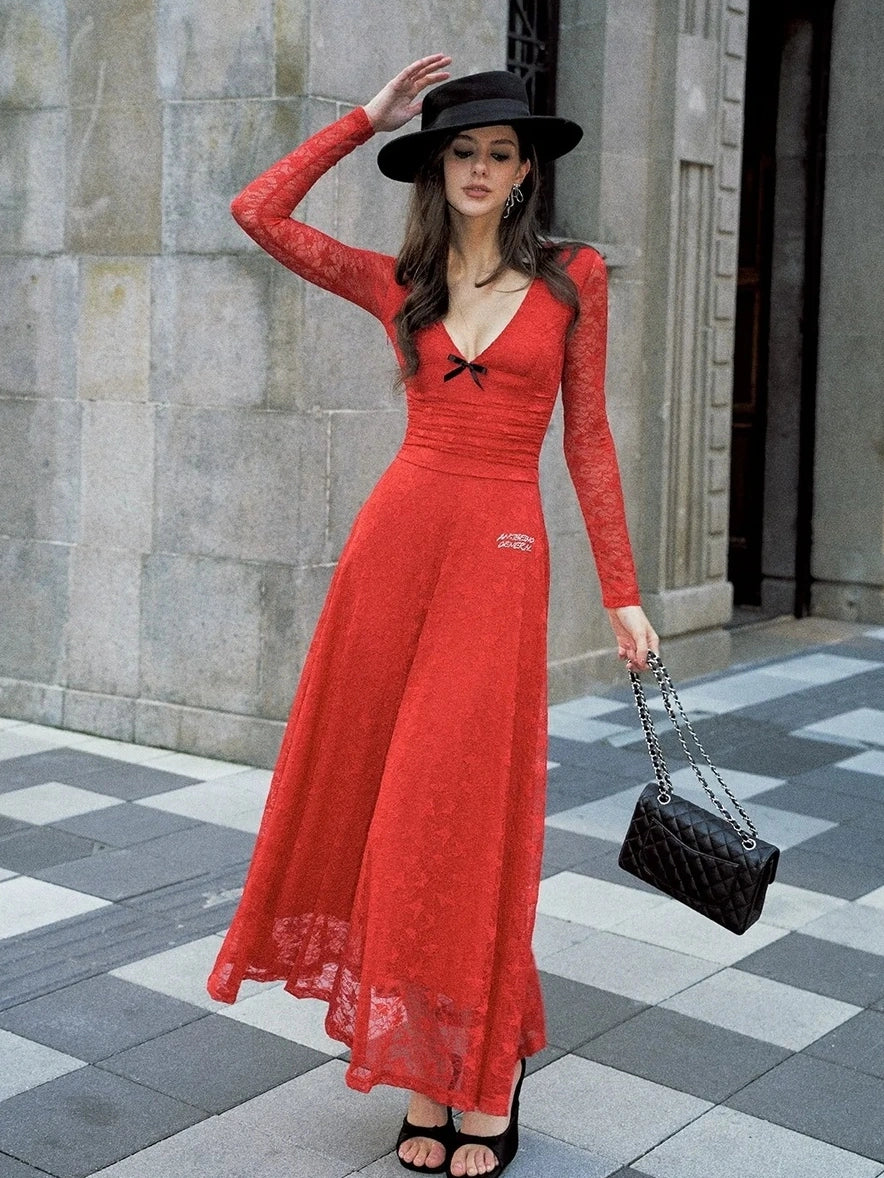 Anti Being General Deep V Lace Trim Red Christmas Evening Gown Dresses