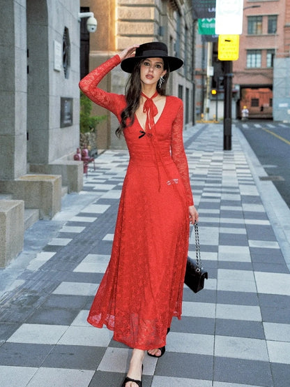 Anti Being General Deep V Lace Trim Red Christmas Evening Gown Dresses