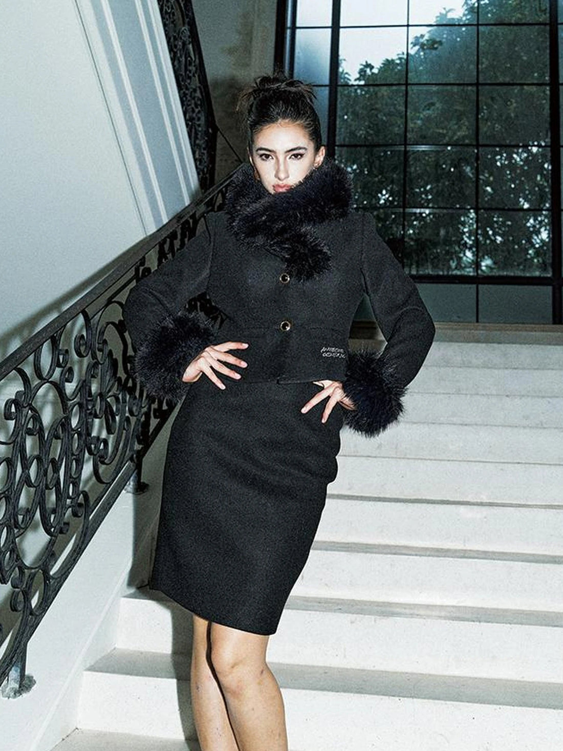 Detachable Faux Fur Collar Tweed Suit Set V Neck T Shirt Long Sleeve