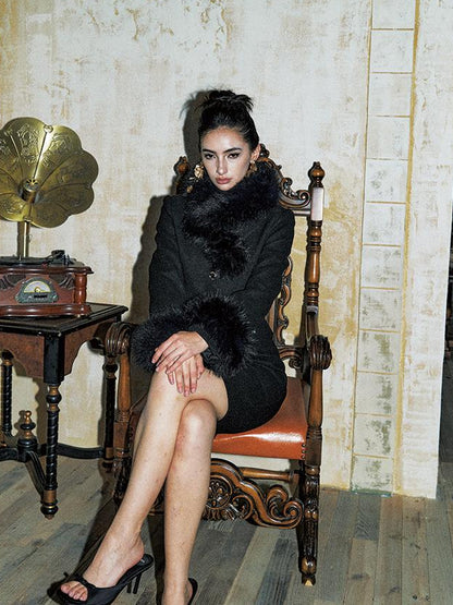 Update Anti Being General Detachable Faux Fur Collar Tweed Suit Set V Neck T Shirt Long Sleeve