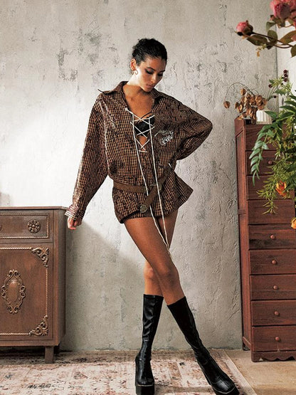 Drawstring Neckline Striped Oversized Shirt