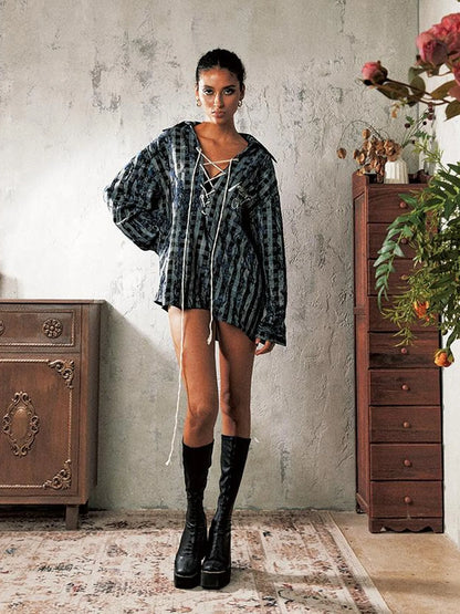 Drawstring Neckline Striped Oversized Shirt