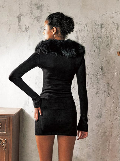 Faux Fur Collar Knit Set Edgy Two Piece Outfit