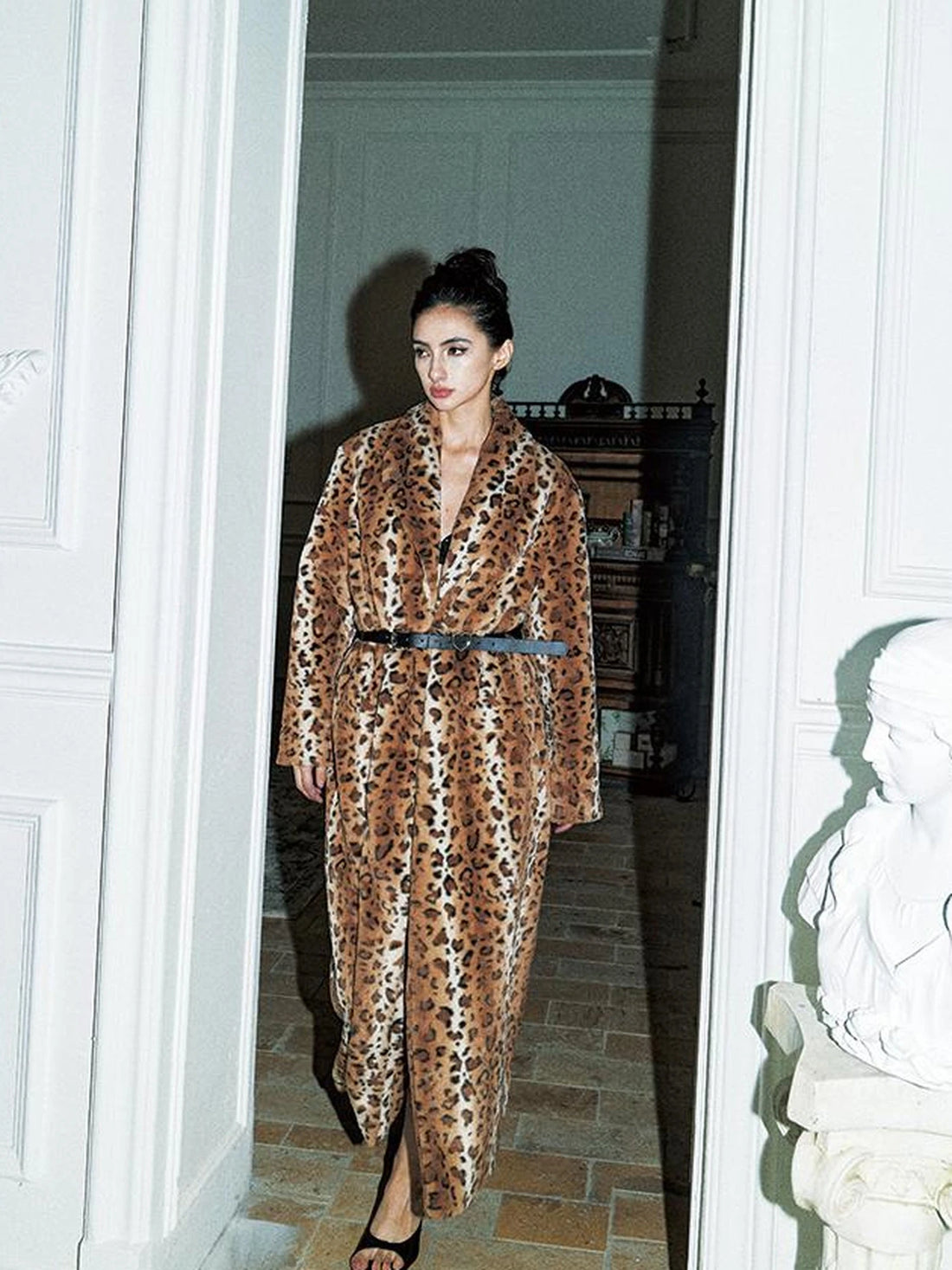 Faux Fur Leopard Print Trench Coat