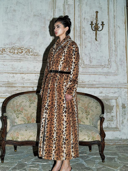 Faux Fur Leopard Print Trench Coat