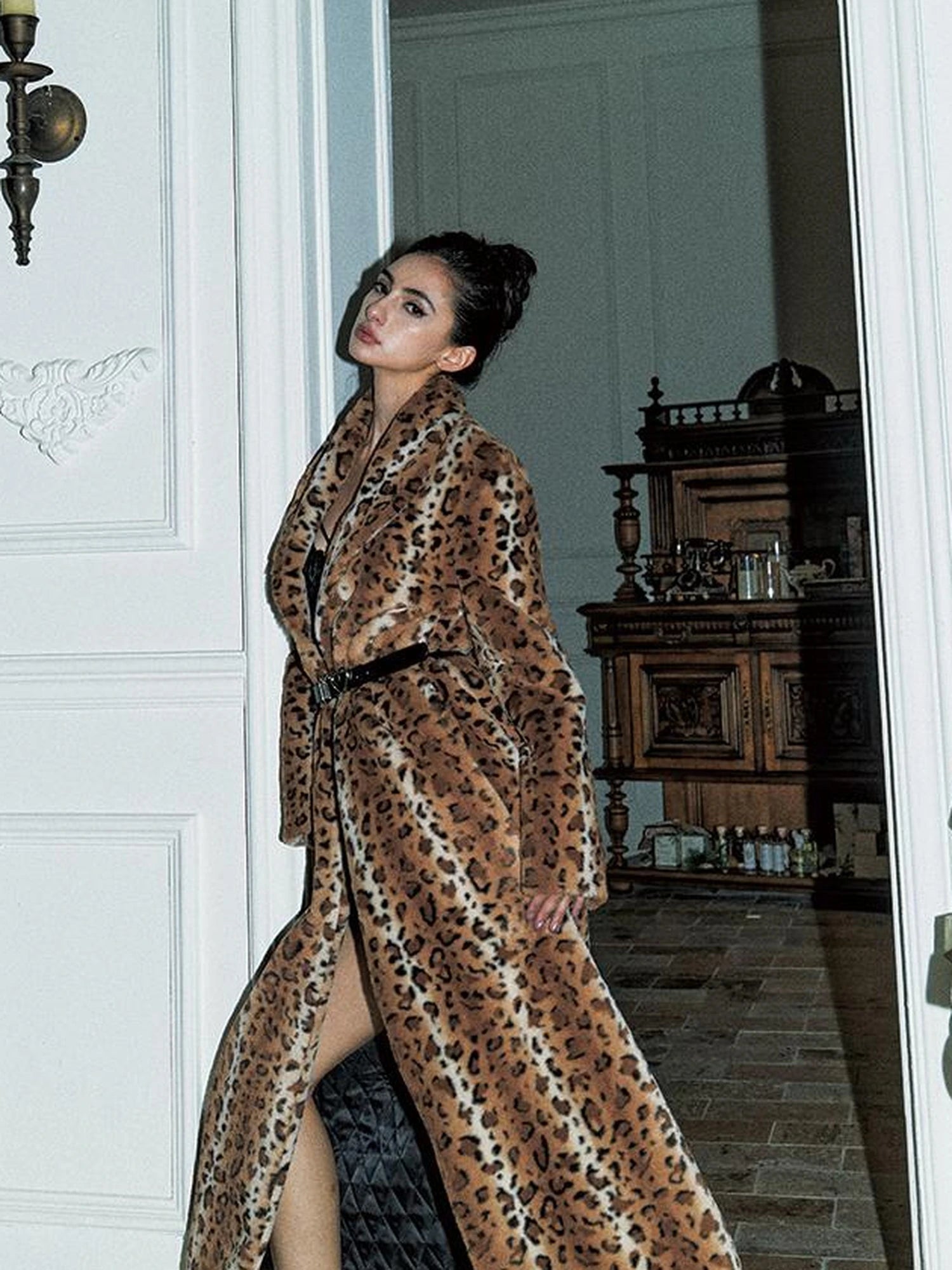 Faux Fur Leopard Print Trench Coat
