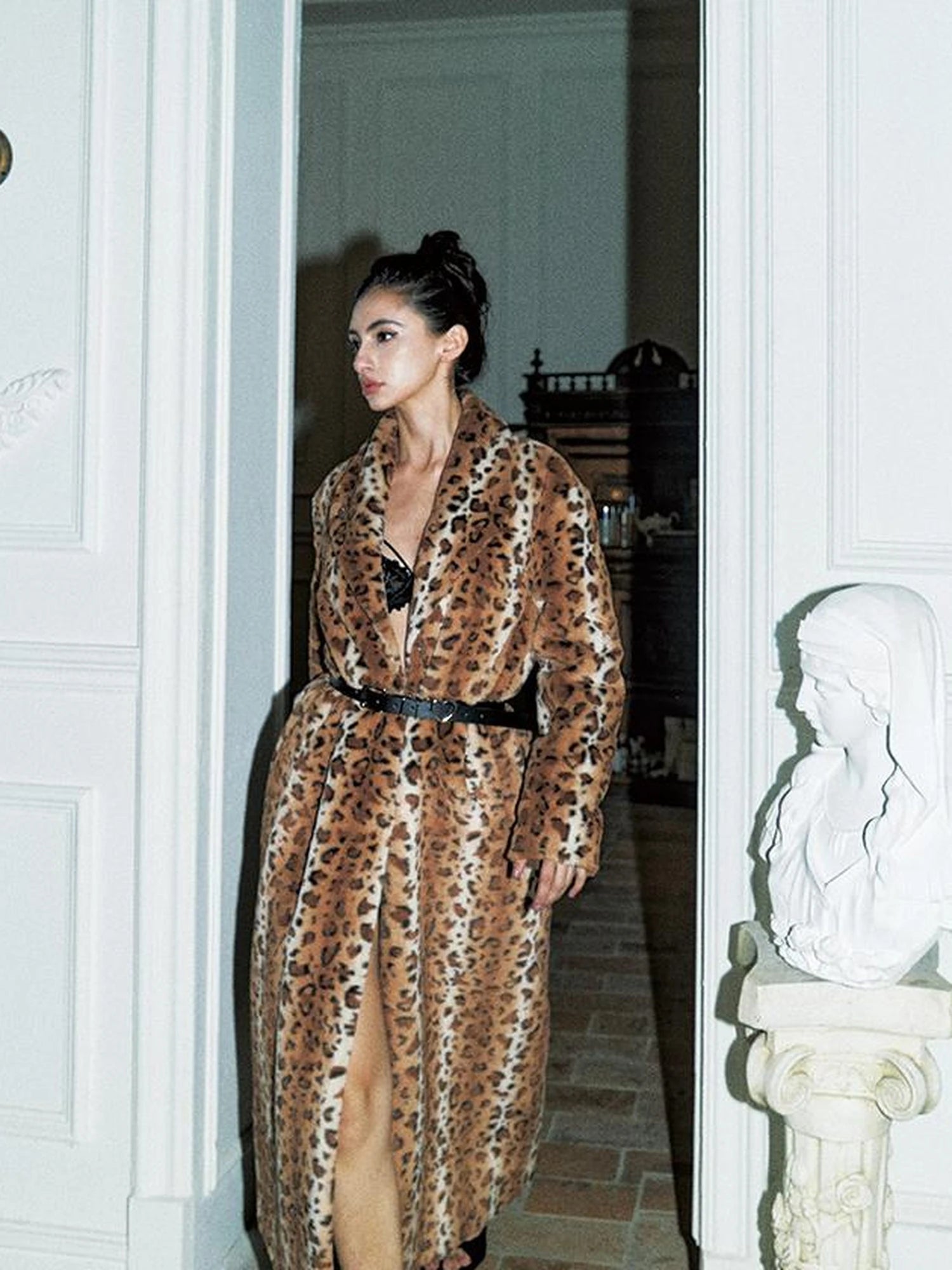 Faux Fur Leopard Print Trench Coat