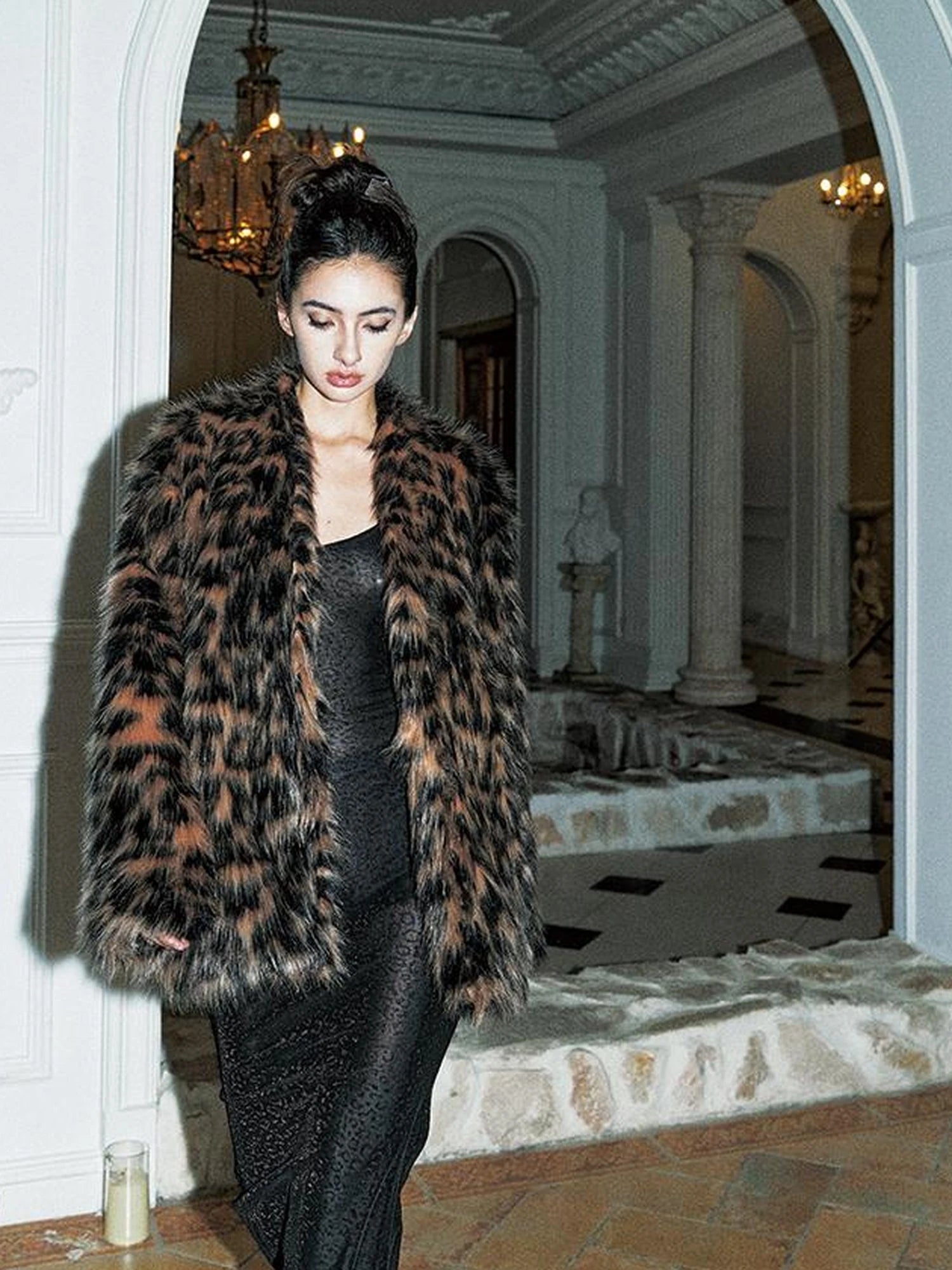 Faux Fur Trench Coat With Leather Trim