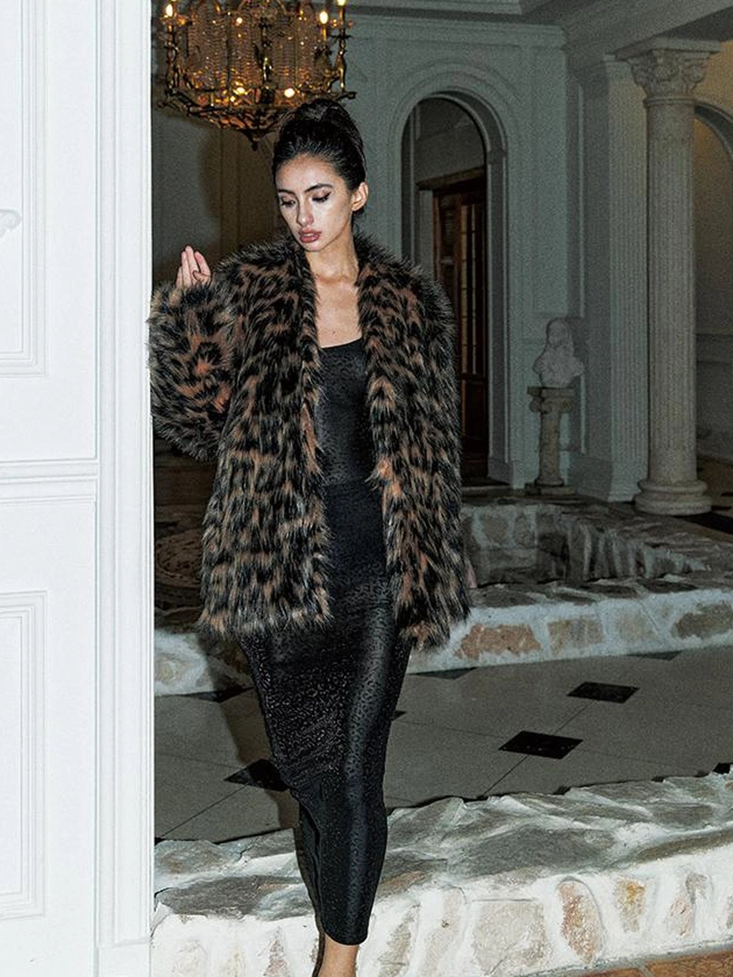 Faux Fur Trench Coat With Leather Trim