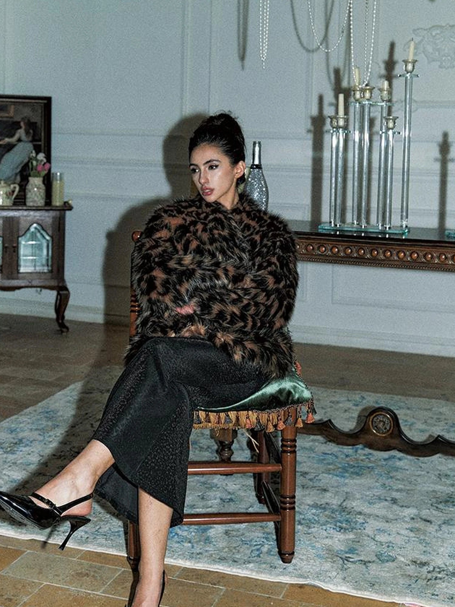 Faux Fur Trench Coat With Leather Trim