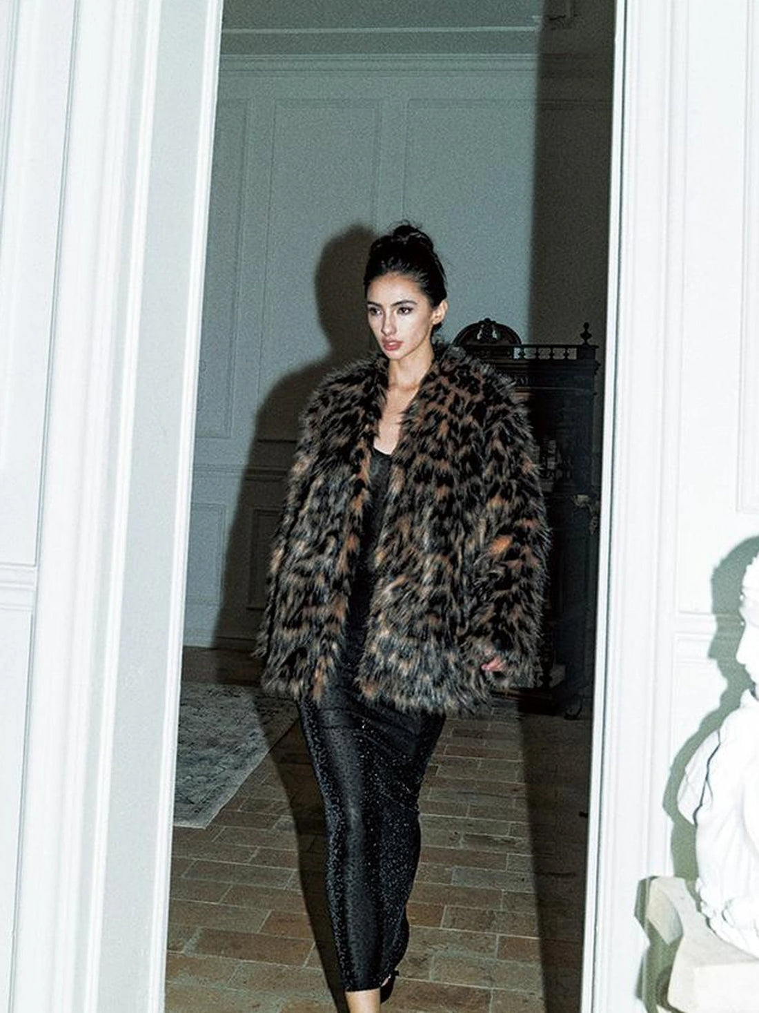 Faux Fur Trench Coat With Leather Trim