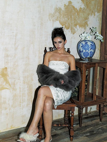 French Satin Rhinestone Lace Print Bodycon Strapless Dress