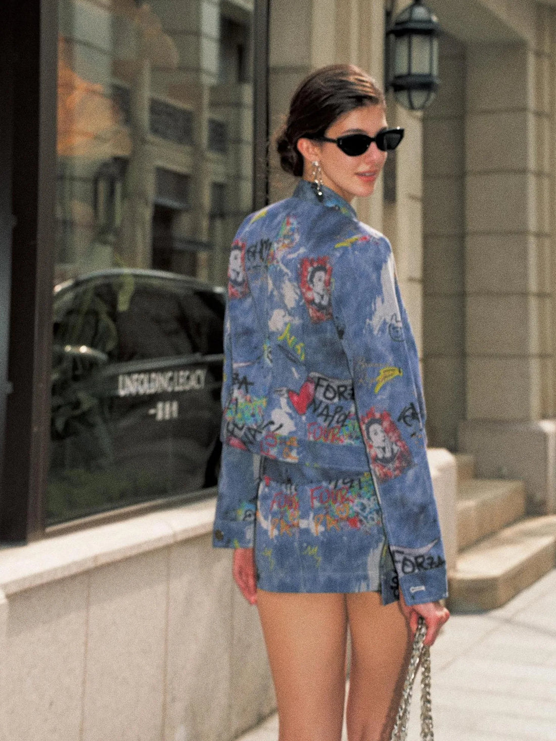 Anti Being General Graffiti Print Denim Skirt Set V-neck T-shirt Long Sleeve Suits