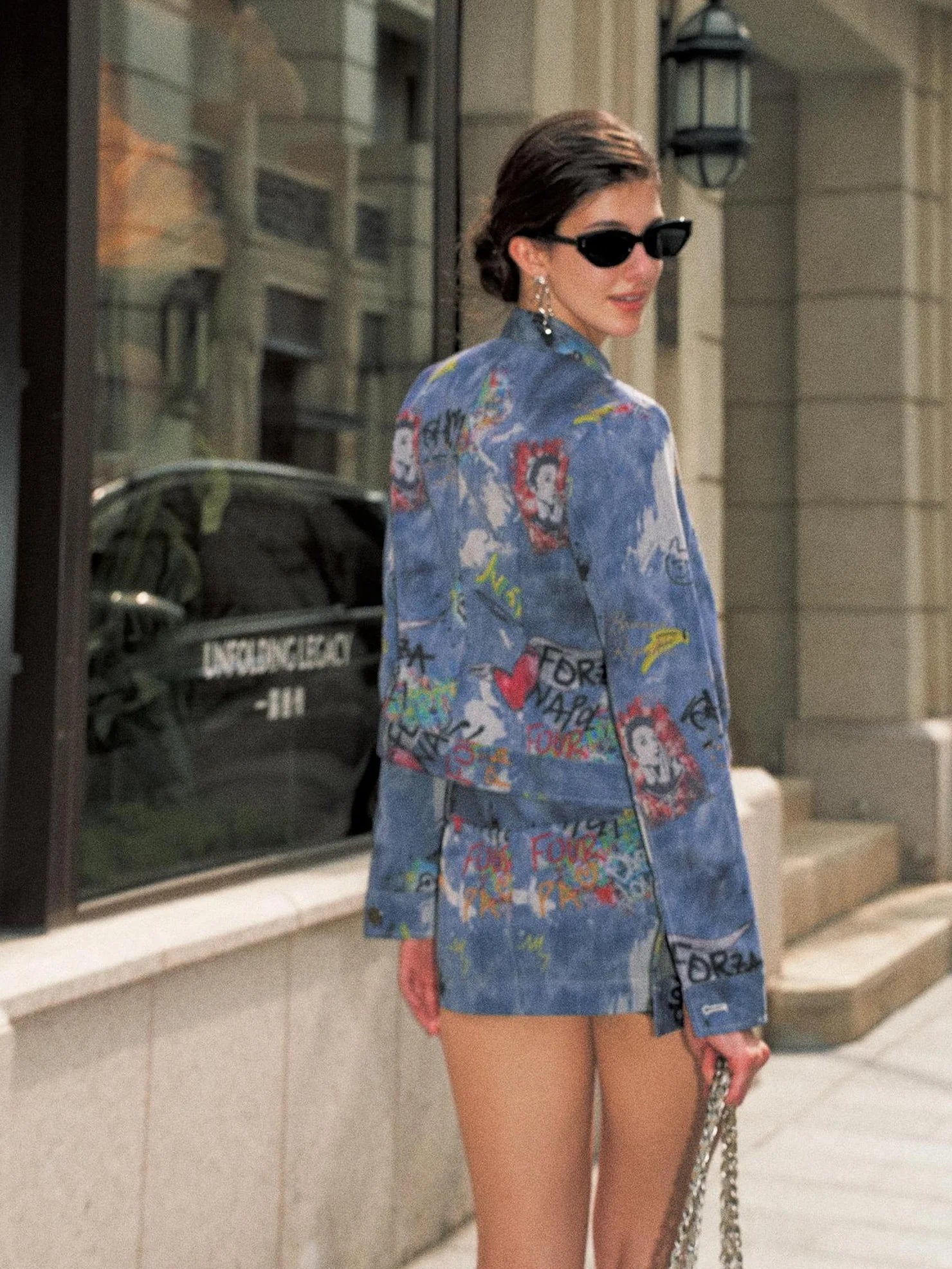 Anti Being General Graffiti Print Denim Skirt Set V-neck T-shirt Long Sleeve Suits