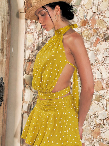 Anti Being General Green Polka Dot Rhinestone Halter Tie Open Back Women&